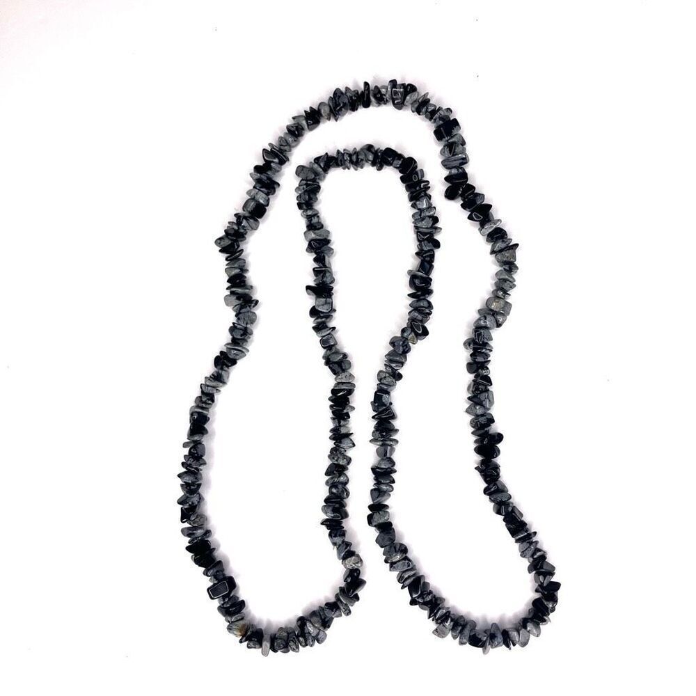 Black Gray Chip Stone Necklace Snowflake Obsidian 16”